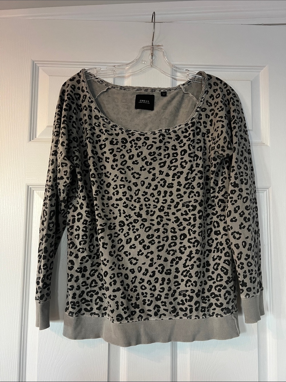 Guess Gray and Black Leopard-Print Long Sleeve Scoop Neck Top